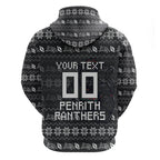 Personalized Penrith Panthers Christmas Zip Hoodie Australian Rugby Fans - Pixelated Ugly Xmas Pattern Mascot Santa