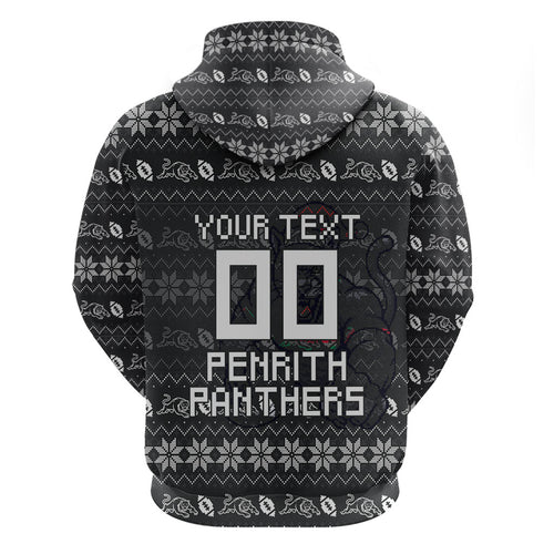 Personalized Penrith Panthers Christmas Zip Hoodie Australian Rugby Fans - Pixelated Ugly Xmas Pattern Mascot Santa