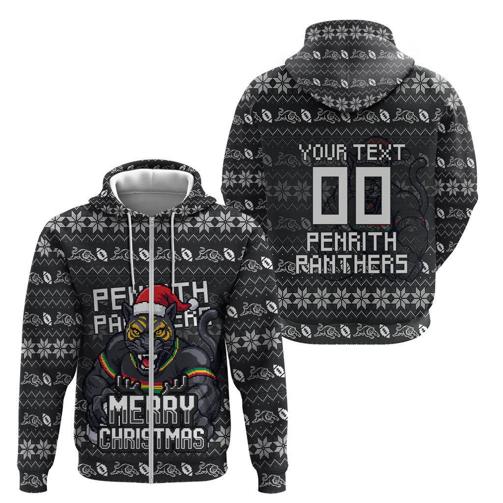 Personalized Penrith Panthers Christmas Zip Hoodie Australian Rugby Fans - Pixelated Ugly Xmas Pattern Mascot Santa