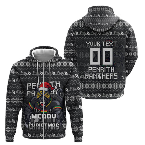 Personalized Penrith Panthers Christmas Zip Hoodie Australian Rugby Fans - Pixelated Ugly Xmas Pattern Mascot Santa