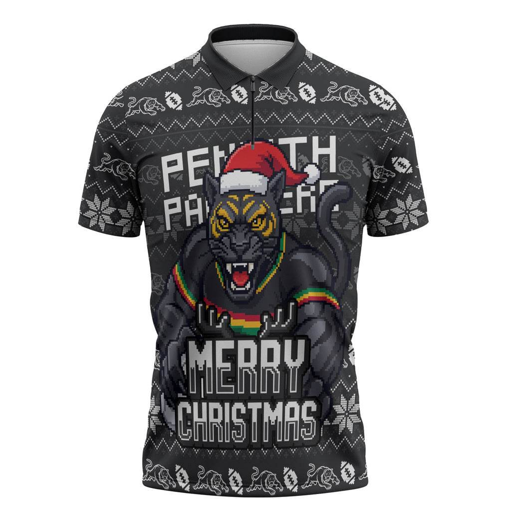 Personalized Penrith Panthers Christmas Zipper Polo Shirt Australian Rugby Fans - Pixelated Ugly Xmas Pattern Mascot Santa