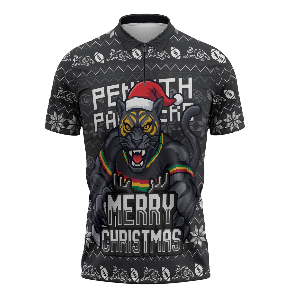 Personalized Penrith Panthers Christmas Zipper Polo Shirt Australian Rugby Fans - Pixelated Ugly Xmas Pattern Mascot Santa