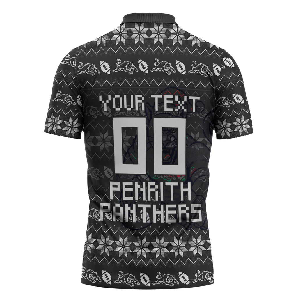 Personalized Penrith Panthers Christmas Zipper Polo Shirt Australian Rugby Fans - Pixelated Ugly Xmas Pattern Mascot Santa