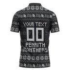 Personalized Penrith Panthers Christmas Zipper Polo Shirt Australian Rugby Fans - Pixelated Ugly Xmas Pattern Mascot Santa