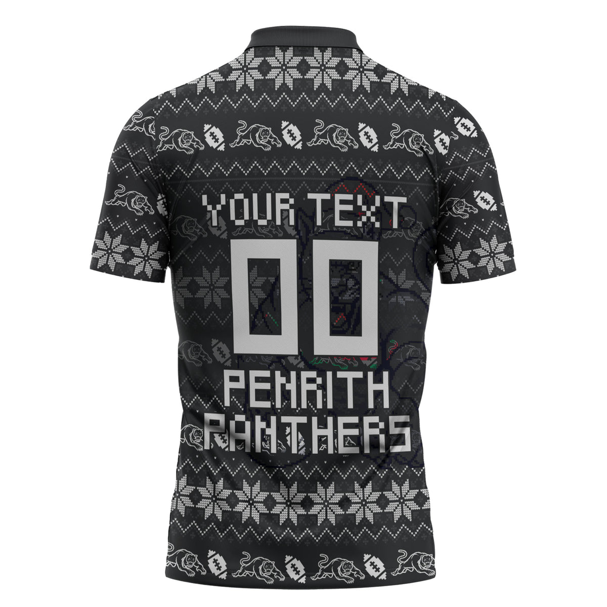 Personalized Penrith Panthers Christmas Zipper Polo Shirt Australian Rugby Fans - Pixelated Ugly Xmas Pattern Mascot Santa