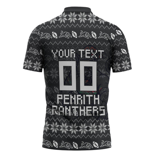 Personalized Penrith Panthers Christmas Zipper Polo Shirt Australian Rugby Fans - Pixelated Ugly Xmas Pattern Mascot Santa