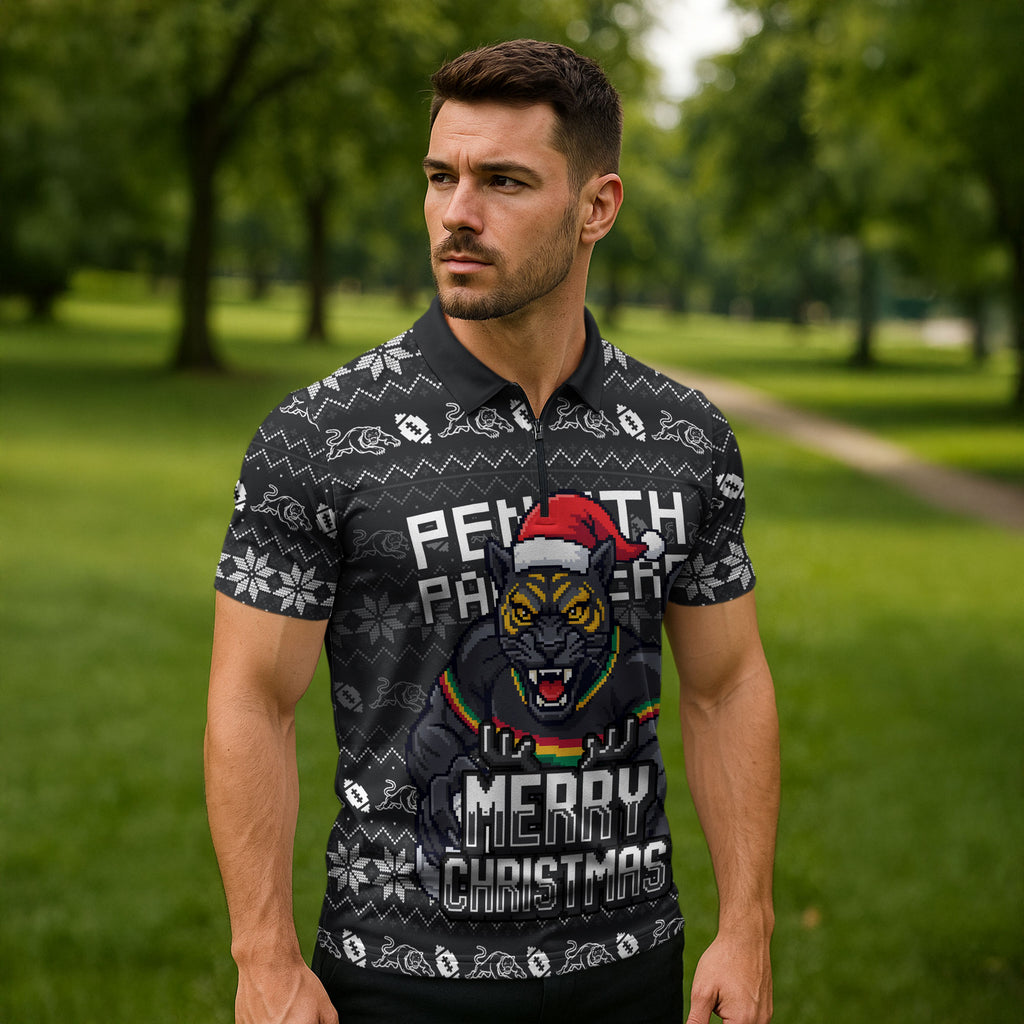 Personalized Penrith Panthers Christmas Zipper Polo Shirt Australian Rugby Fans - Pixelated Ugly Xmas Pattern Mascot Santa