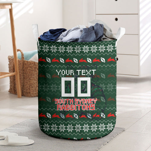 Personalized South Sydney Rabbitohs Christmas Laundry Basket Australian Rugby Fans - Pixelated Ugly Xmas Pattern Mascot Santa