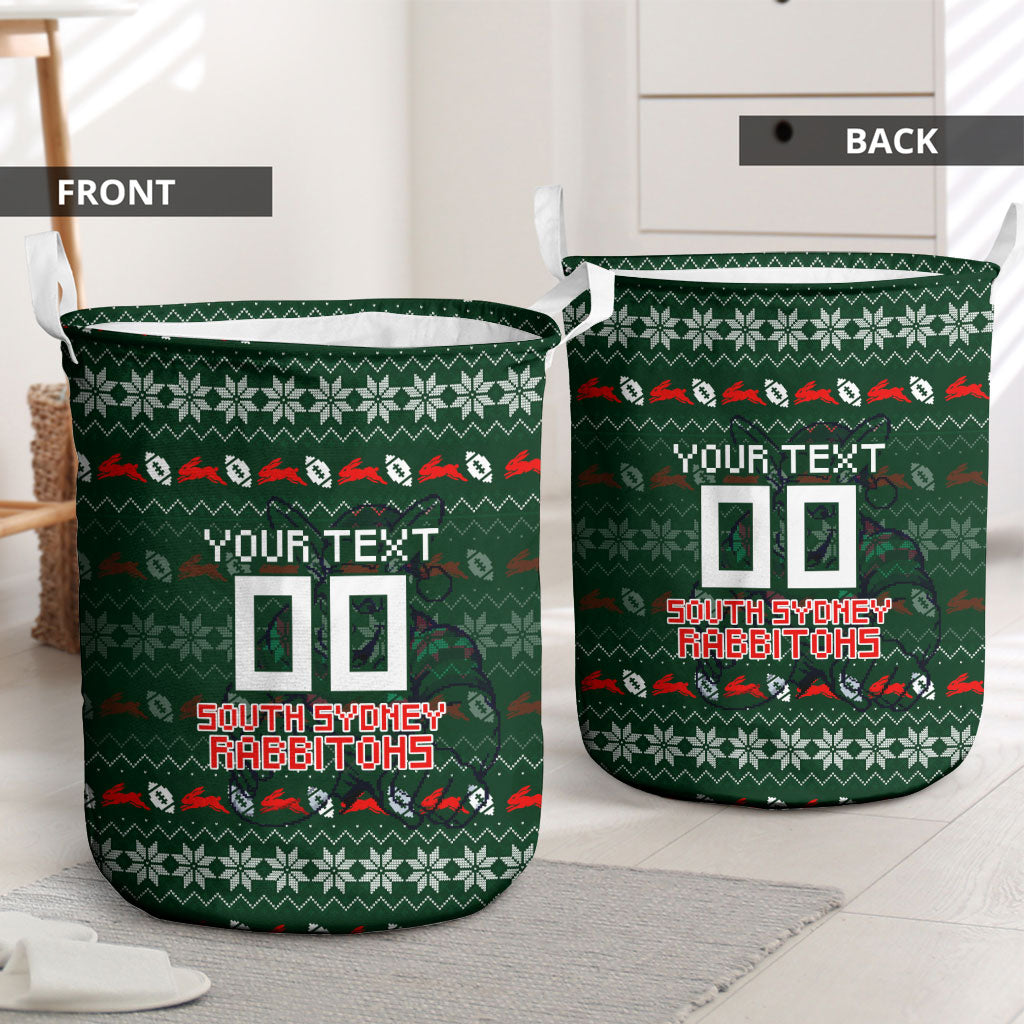 Personalized South Sydney Rabbitohs Christmas Laundry Basket Australian Rugby Fans - Pixelated Ugly Xmas Pattern Mascot Santa