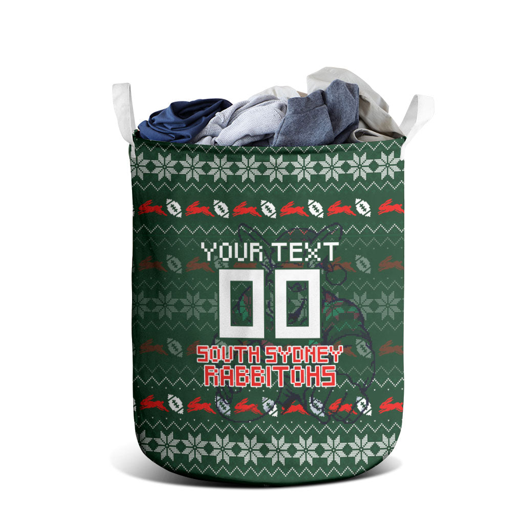 Personalized South Sydney Rabbitohs Christmas Laundry Basket Australian Rugby Fans - Pixelated Ugly Xmas Pattern Mascot Santa