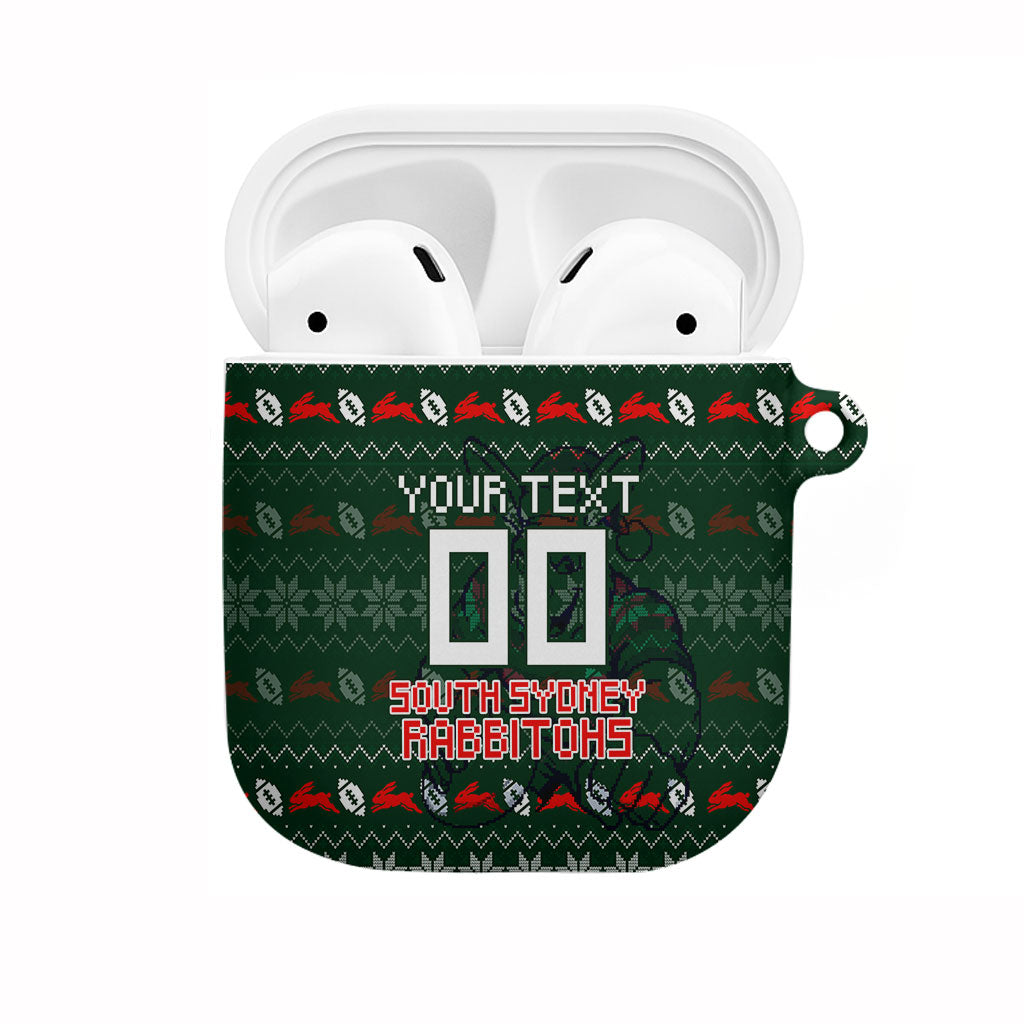 Personalized South Sydney Rabbitohs Christmas AirPods Case Australian Rugby Fans - Pixelated Ugly Xmas Pattern Mascot Santa