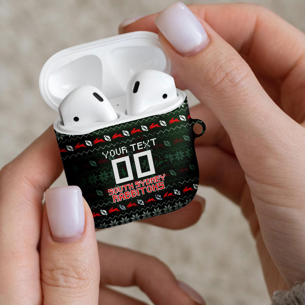 Personalized South Sydney Rabbitohs Christmas AirPods Case Australian Rugby Fans - Pixelated Ugly Xmas Pattern Mascot Santa