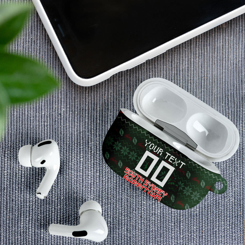 Personalized South Sydney Rabbitohs Christmas AirPods Case Australian Rugby Fans - Pixelated Ugly Xmas Pattern Mascot Santa