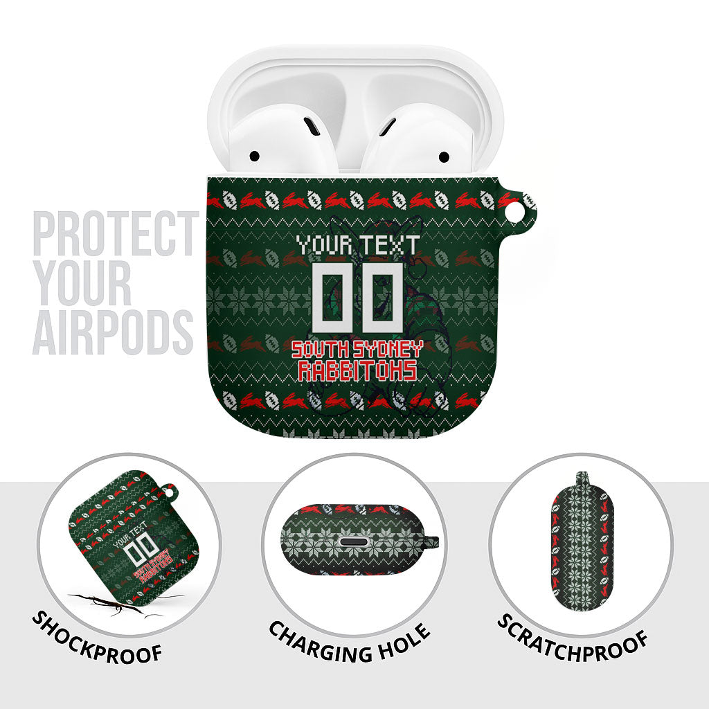 Personalized South Sydney Rabbitohs Christmas AirPods Case Australian Rugby Fans - Pixelated Ugly Xmas Pattern Mascot Santa