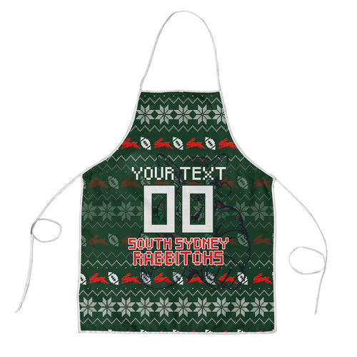 Personalized South Sydney Rabbitohs Christmas Apron Australian Rugby Fans - Pixelated Ugly Xmas Pattern Mascot Santa