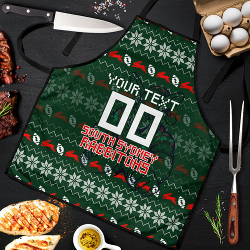 Personalized South Sydney Rabbitohs Christmas Apron Australian Rugby Fans - Pixelated Ugly Xmas Pattern Mascot Santa