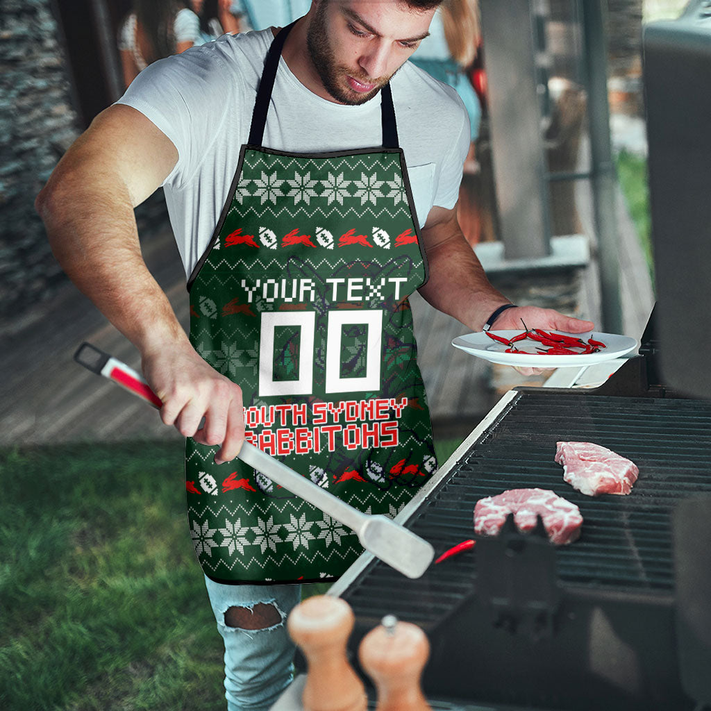 Personalized South Sydney Rabbitohs Christmas Apron Australian Rugby Fans - Pixelated Ugly Xmas Pattern Mascot Santa