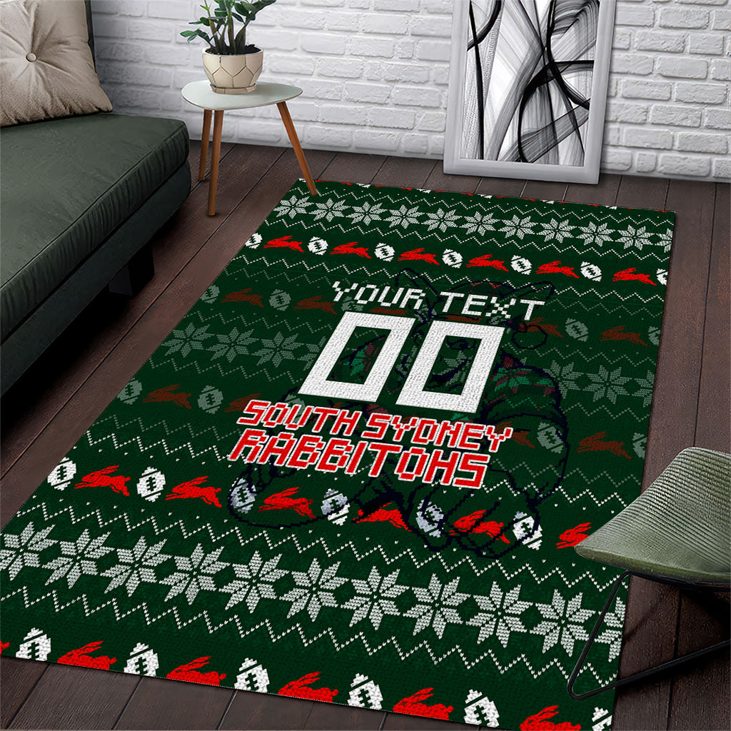 Personalized South Sydney Rabbitohs Christmas Area Rug Australian Rugby Fans - Pixelated Ugly Xmas Pattern Mascot Santa