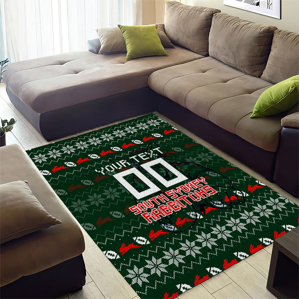 Personalized South Sydney Rabbitohs Christmas Area Rug Australian Rugby Fans - Pixelated Ugly Xmas Pattern Mascot Santa