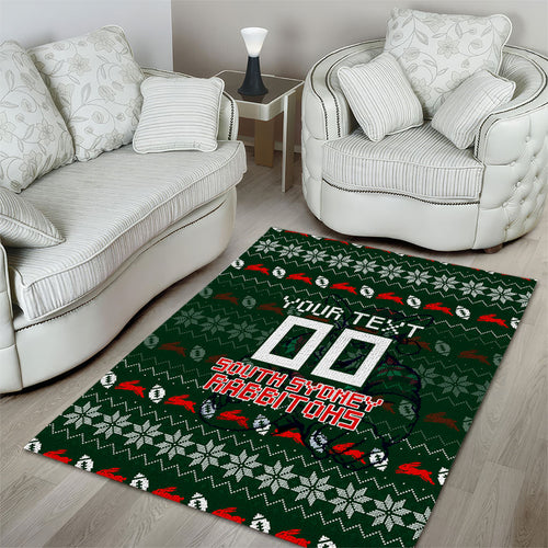 Personalized South Sydney Rabbitohs Christmas Area Rug Australian Rugby Fans - Pixelated Ugly Xmas Pattern Mascot Santa