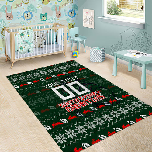 Personalized South Sydney Rabbitohs Christmas Area Rug Australian Rugby Fans - Pixelated Ugly Xmas Pattern Mascot Santa
