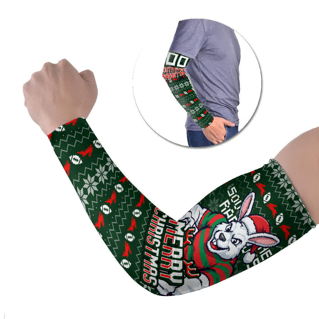 Personalized South Sydney Rabbitohs Christmas Arm Sleeves Australian Rugby Fans - Pixelated Ugly Xmas Pattern Mascot Santa
