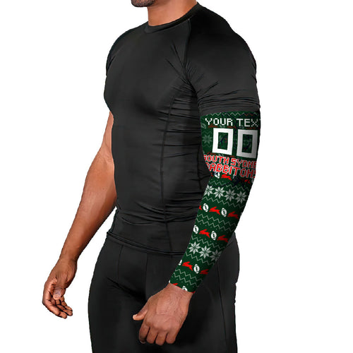 Personalized South Sydney Rabbitohs Christmas Arm Sleeves Australian Rugby Fans - Pixelated Ugly Xmas Pattern Mascot Santa