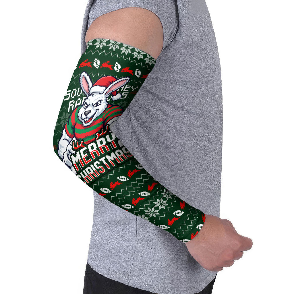 Personalized South Sydney Rabbitohs Christmas Arm Sleeves Australian Rugby Fans - Pixelated Ugly Xmas Pattern Mascot Santa