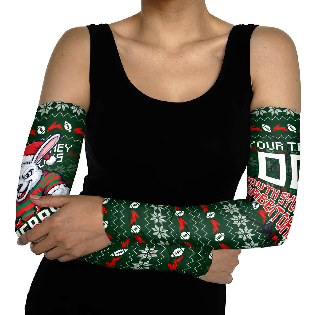 Personalized South Sydney Rabbitohs Christmas Arm Sleeves Australian Rugby Fans - Pixelated Ugly Xmas Pattern Mascot Santa