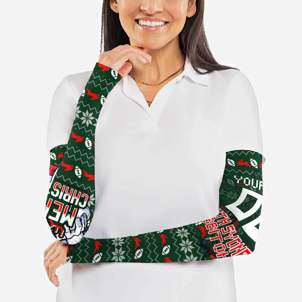 Personalized South Sydney Rabbitohs Christmas Arm Sleeves Australian Rugby Fans - Pixelated Ugly Xmas Pattern Mascot Santa
