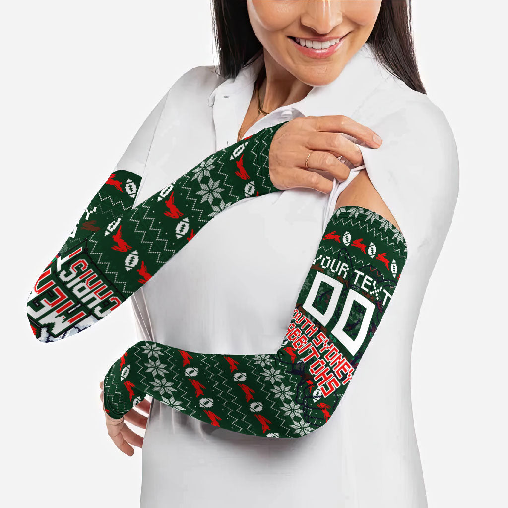 Personalized South Sydney Rabbitohs Christmas Arm Sleeves Australian Rugby Fans - Pixelated Ugly Xmas Pattern Mascot Santa
