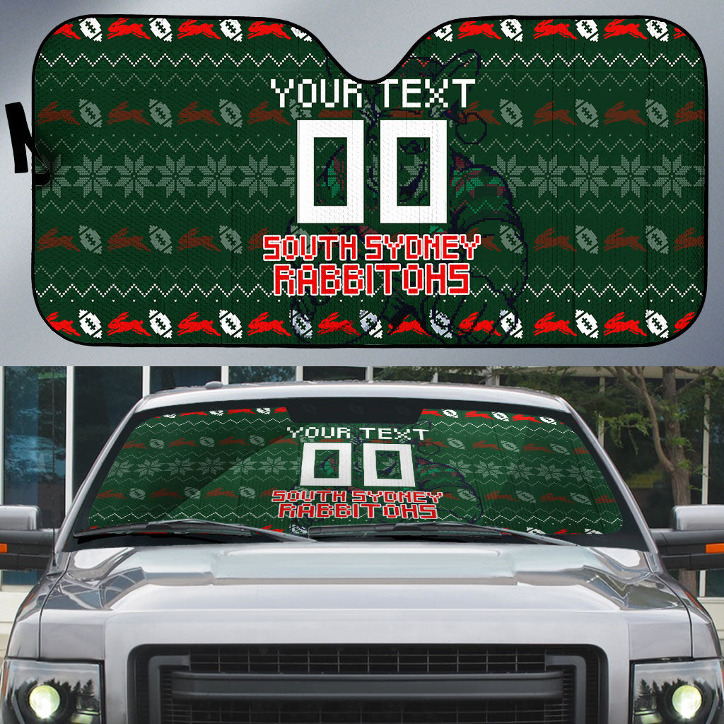 Personalized South Sydney Rabbitohs Christmas Auto Sun Shade Australian Rugby Fans - Pixelated Ugly Xmas Pattern Mascot Santa