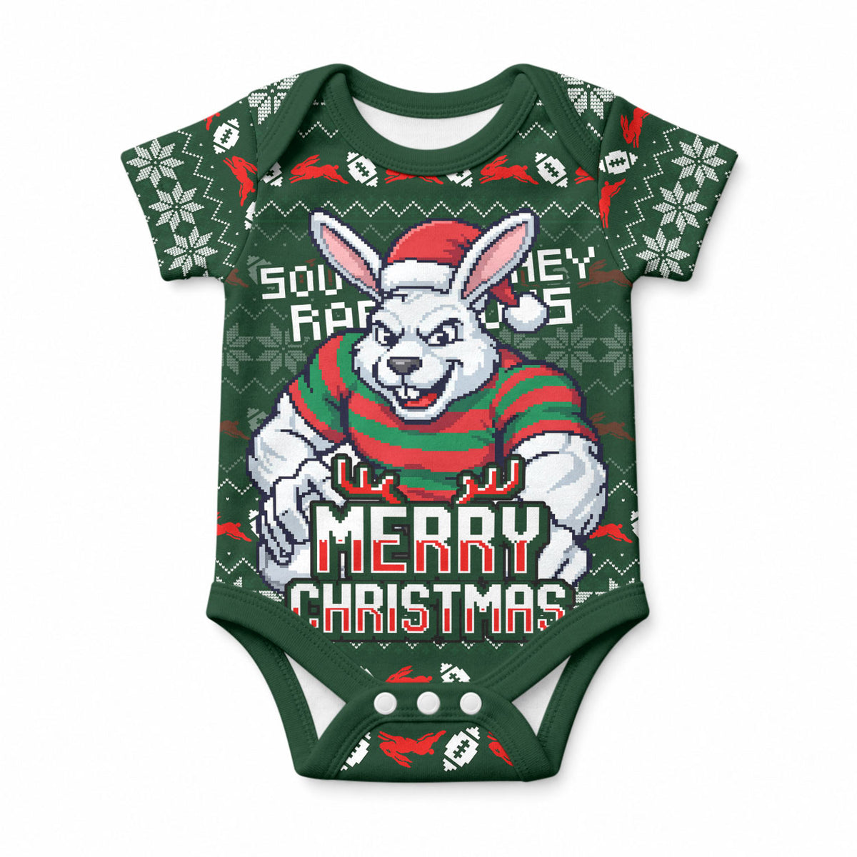 Personalized South Sydney Rabbitohs Christmas Baby Onesie Australian Rugby Fans - Pixelated Ugly Xmas Pattern Mascot Santa
