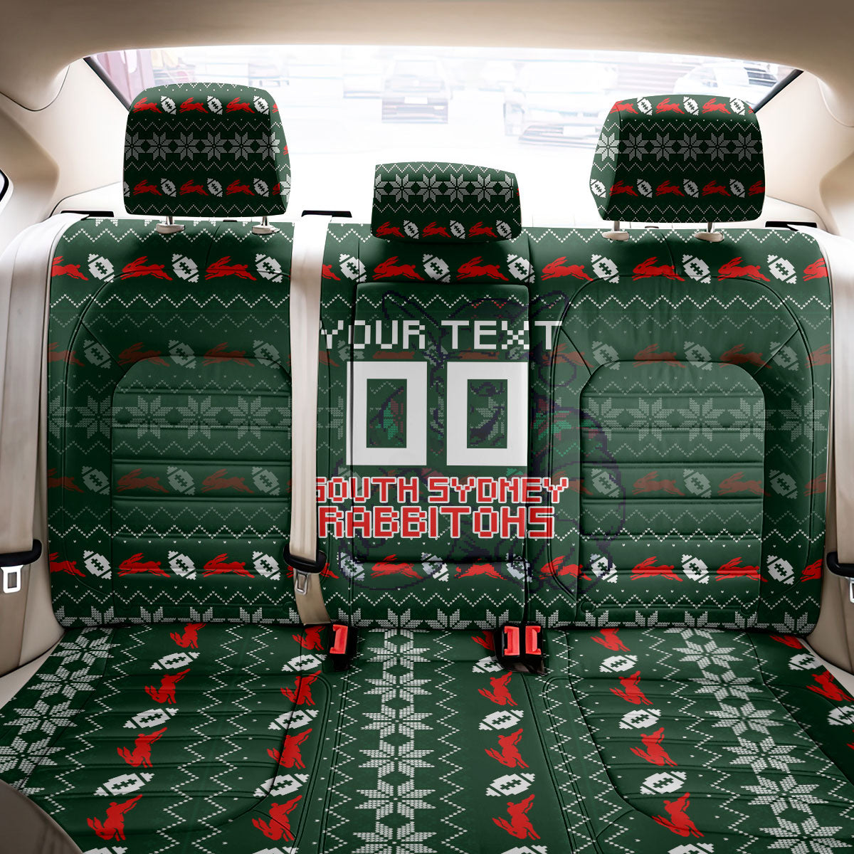 Personalized South Sydney Rabbitohs Christmas Back Car Seat Cover Australian Rugby Fans - Pixelated Ugly Xmas Pattern Mascot Santa