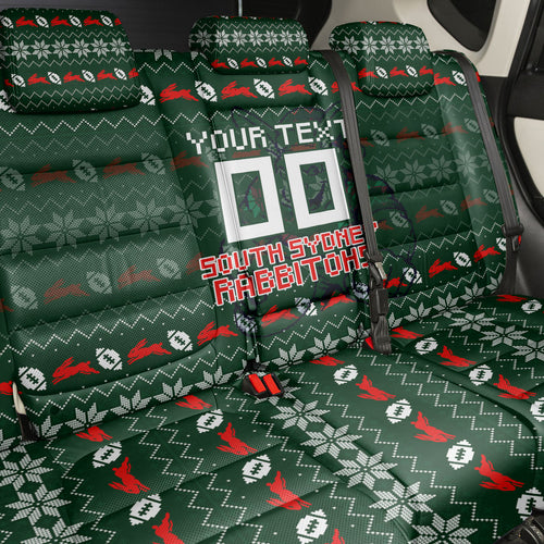 Personalized South Sydney Rabbitohs Christmas Back Car Seat Cover Australian Rugby Fans - Pixelated Ugly Xmas Pattern Mascot Santa