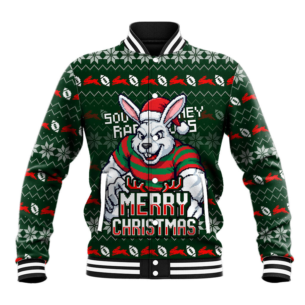 Personalized South Sydney Rabbitohs Christmas Baseball Jacket Australian Rugby Fans - Pixelated Ugly Xmas Pattern Mascot Santa