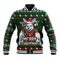 Personalized South Sydney Rabbitohs Christmas Baseball Jacket Australian Rugby Fans - Pixelated Ugly Xmas Pattern Mascot Santa
