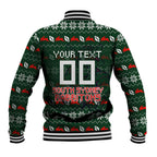 Personalized South Sydney Rabbitohs Christmas Baseball Jacket Australian Rugby Fans - Pixelated Ugly Xmas Pattern Mascot Santa