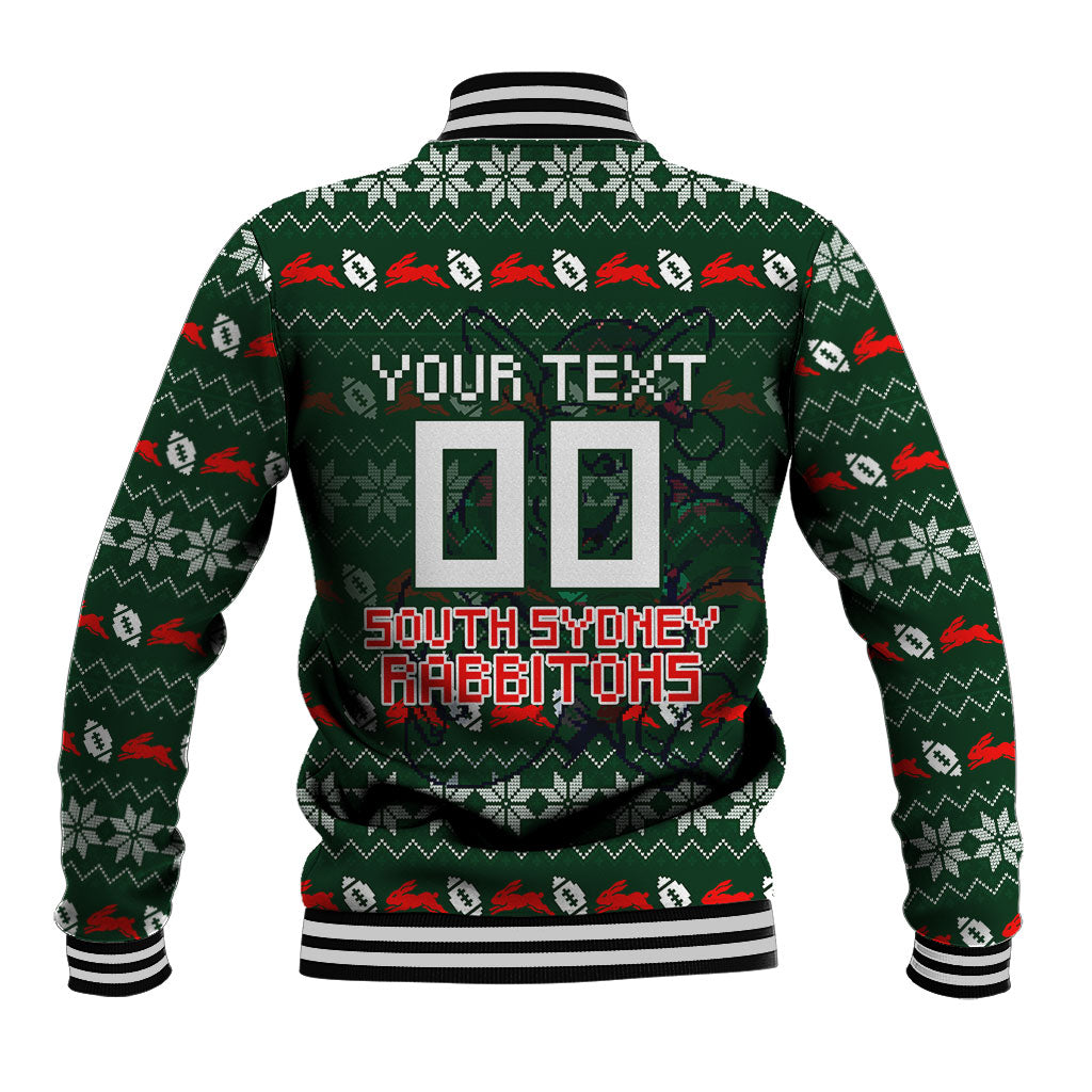Personalized South Sydney Rabbitohs Christmas Baseball Jacket Australian Rugby Fans - Pixelated Ugly Xmas Pattern Mascot Santa