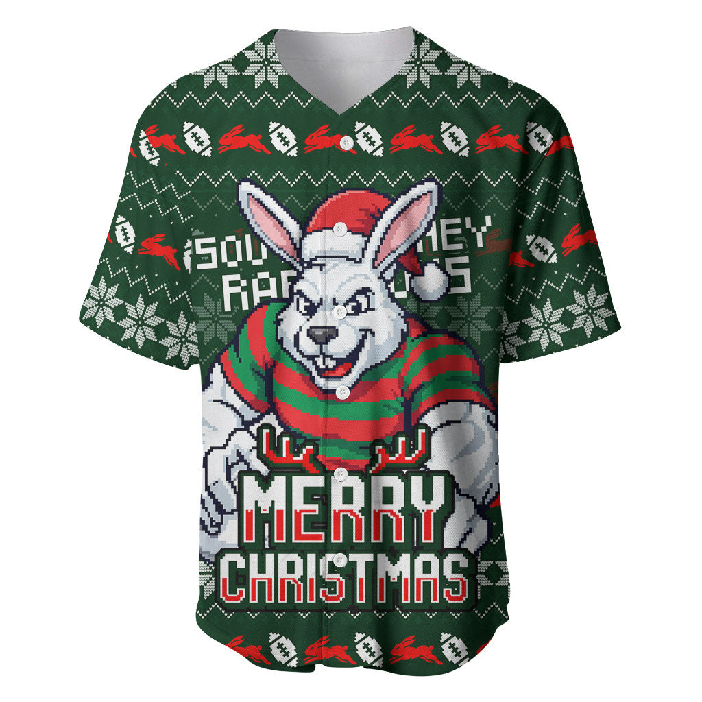 Personalized South Sydney Rabbitohs Christmas Baseball Jersey Australian Rugby Fans - Pixelated Ugly Xmas Pattern Mascot Santa