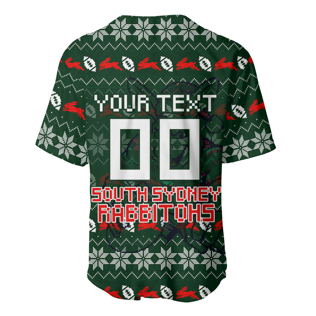 Personalized South Sydney Rabbitohs Christmas Baseball Jersey Australian Rugby Fans - Pixelated Ugly Xmas Pattern Mascot Santa
