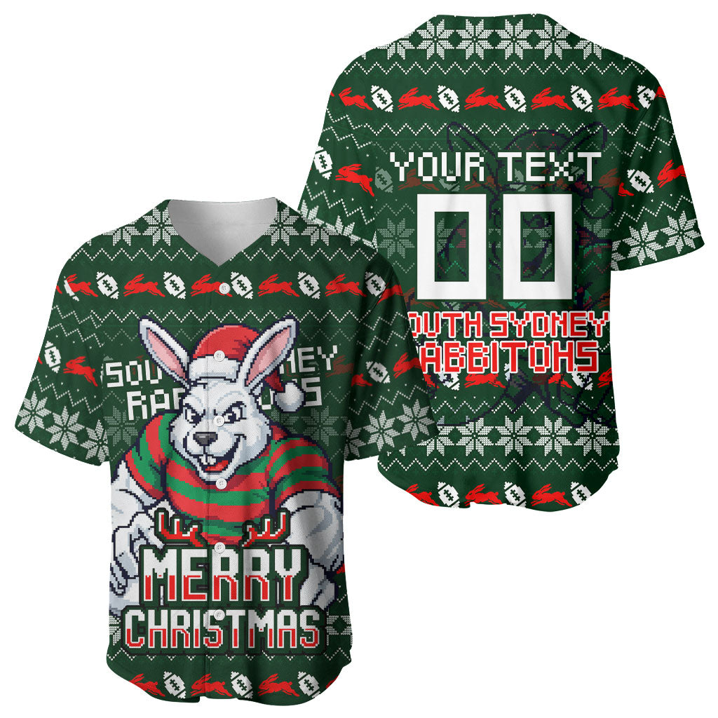 Personalized South Sydney Rabbitohs Christmas Baseball Jersey Australian Rugby Fans - Pixelated Ugly Xmas Pattern Mascot Santa