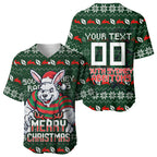 Personalized South Sydney Rabbitohs Christmas Baseball Jersey Australian Rugby Fans - Pixelated Ugly Xmas Pattern Mascot Santa