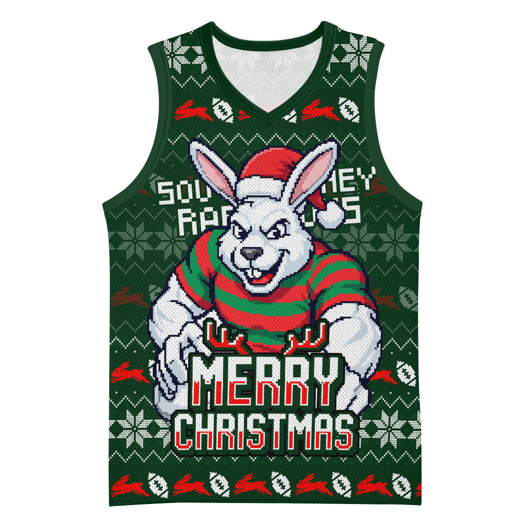 Personalized South Sydney Rabbitohs Christmas Basketball Jersey Australian Rugby Fans - Pixelated Ugly Xmas Pattern Mascot Santa