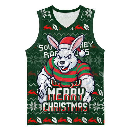 Personalized South Sydney Rabbitohs Christmas Basketball Jersey Australian Rugby Fans - Pixelated Ugly Xmas Pattern Mascot Santa