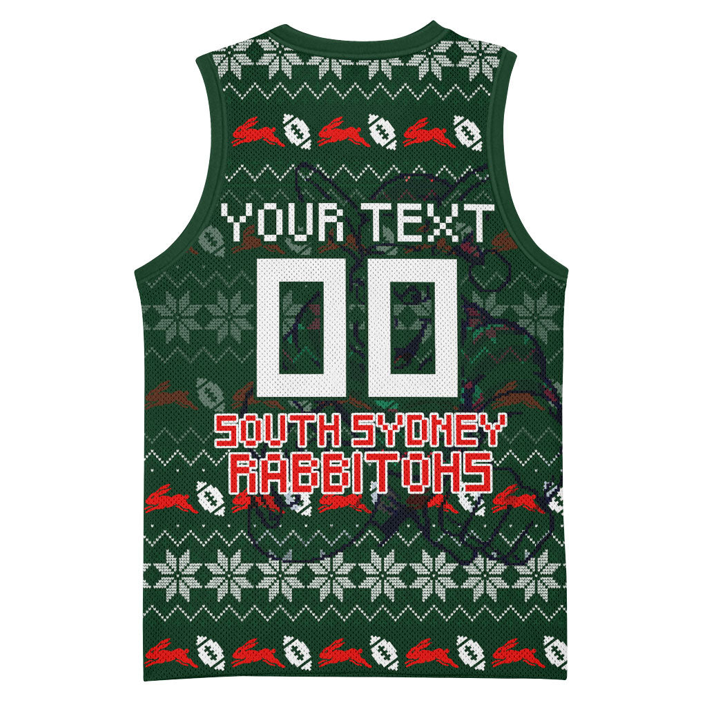 Personalized South Sydney Rabbitohs Christmas Basketball Jersey Australian Rugby Fans - Pixelated Ugly Xmas Pattern Mascot Santa