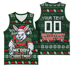 Personalized South Sydney Rabbitohs Christmas Basketball Jersey Australian Rugby Fans - Pixelated Ugly Xmas Pattern Mascot Santa