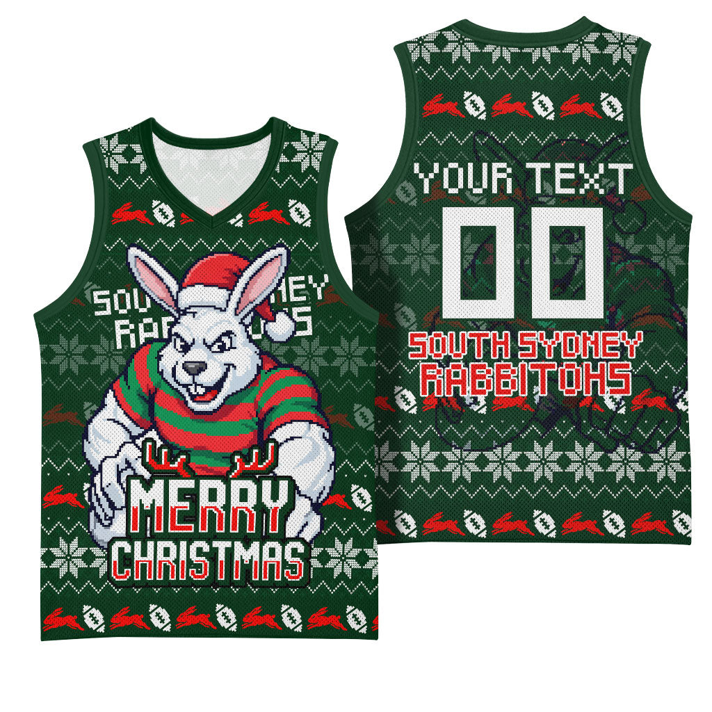 Personalized South Sydney Rabbitohs Christmas Basketball Jersey Australian Rugby Fans - Pixelated Ugly Xmas Pattern Mascot Santa