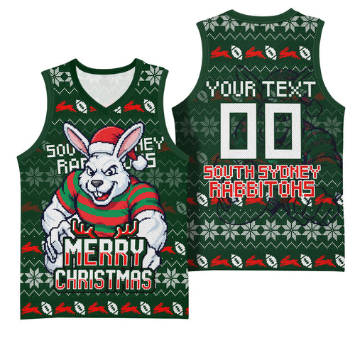 Personalized South Sydney Rabbitohs Christmas Basketball Jersey Australian Rugby Fans - Pixelated Ugly Xmas Pattern Mascot Santa