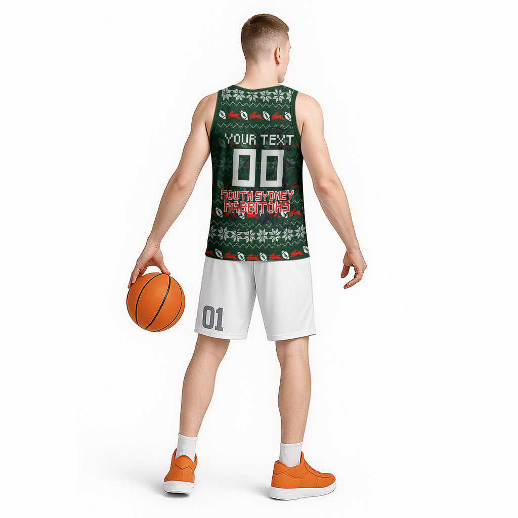 Personalized South Sydney Rabbitohs Christmas Basketball Jersey Australian Rugby Fans - Pixelated Ugly Xmas Pattern Mascot Santa